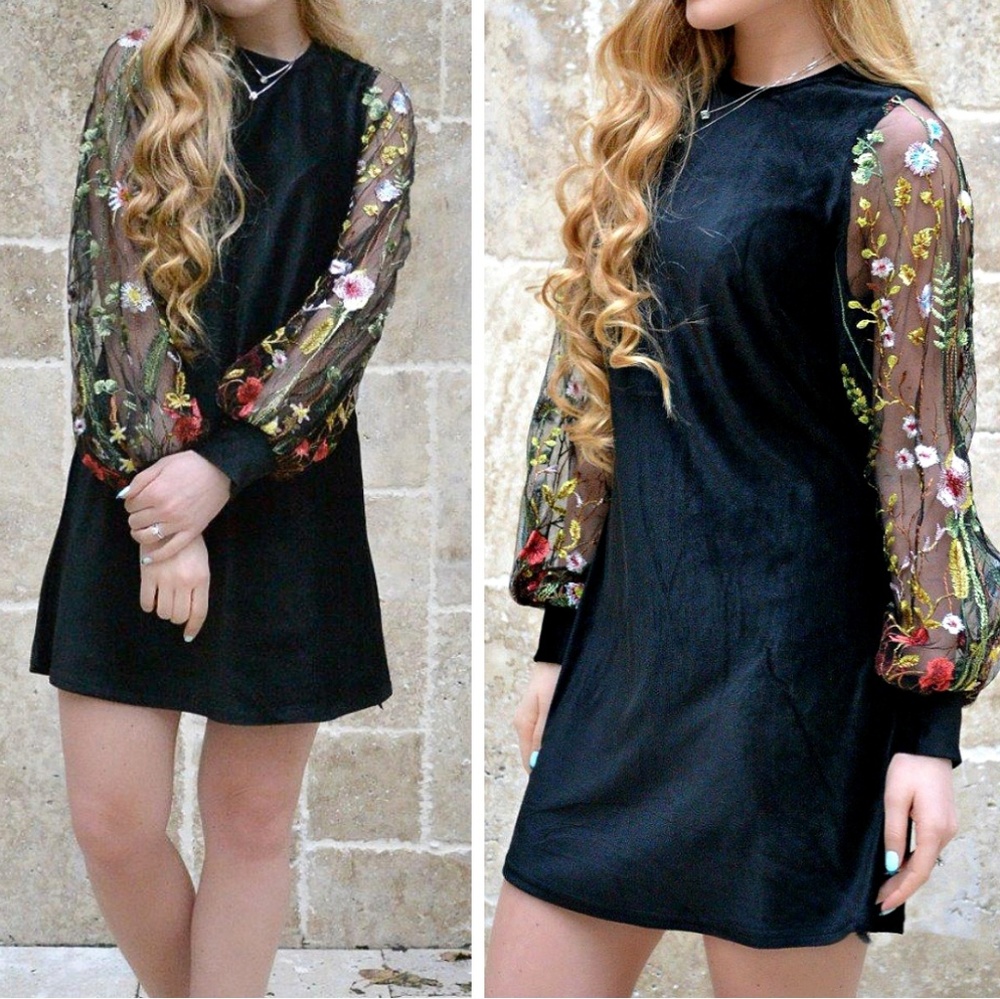 Boho Embroidered floral velvet tunic black dress